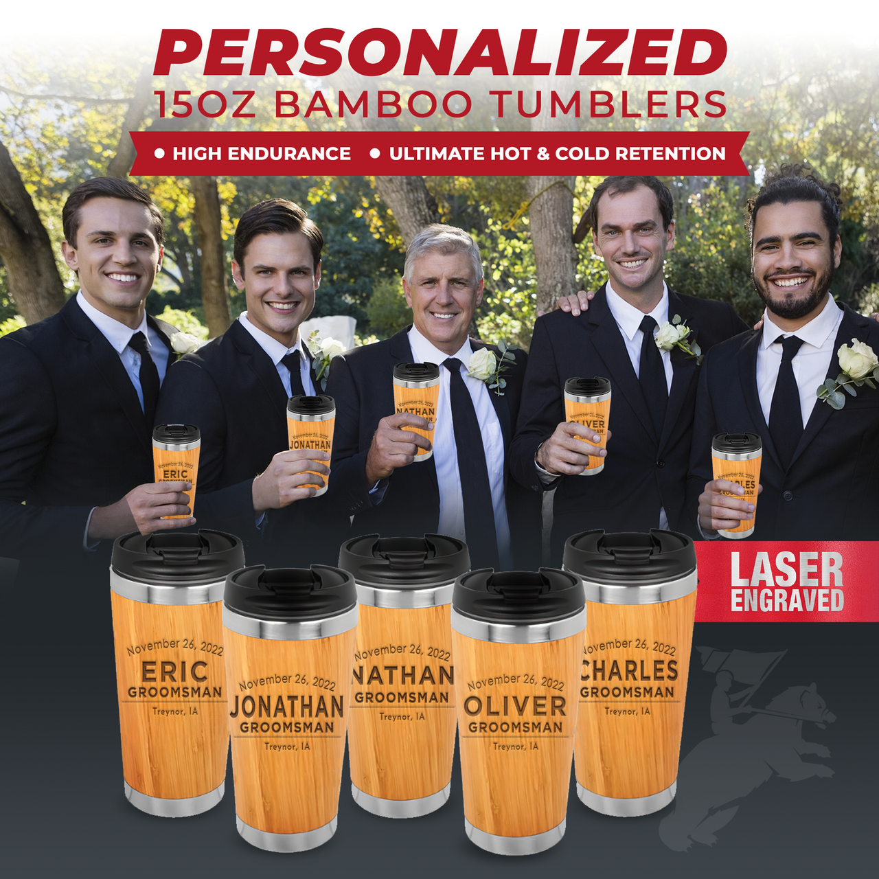 Custom Engraved 15oz Bamboo Tumbler, Bachelor Party Gift, Gift for Groomsmen,Groomsman Gift, Best Man Gift,