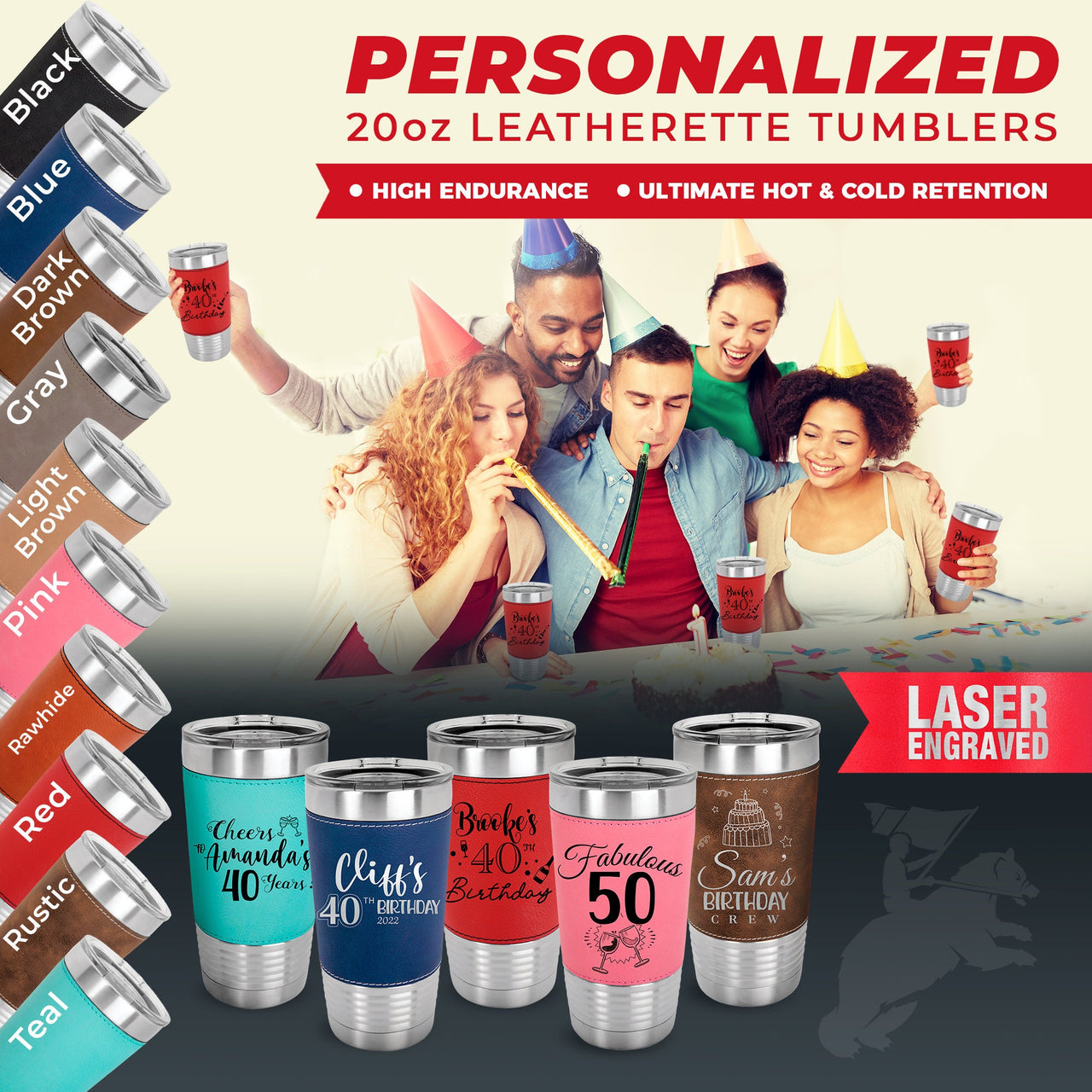 Personalized Insulated Birthday Tumbler | Custom 20 oz Leather Tumbler