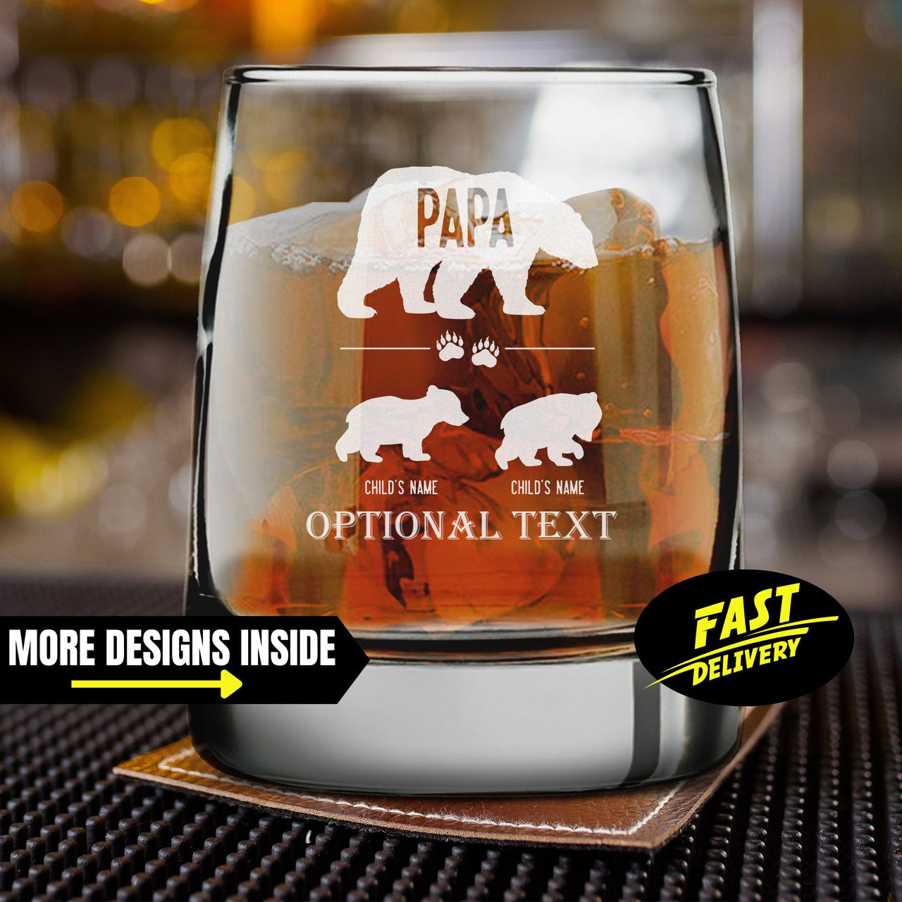 Papa Bear And Cubs Whiskey Glasses | Personalized Rocks Glass