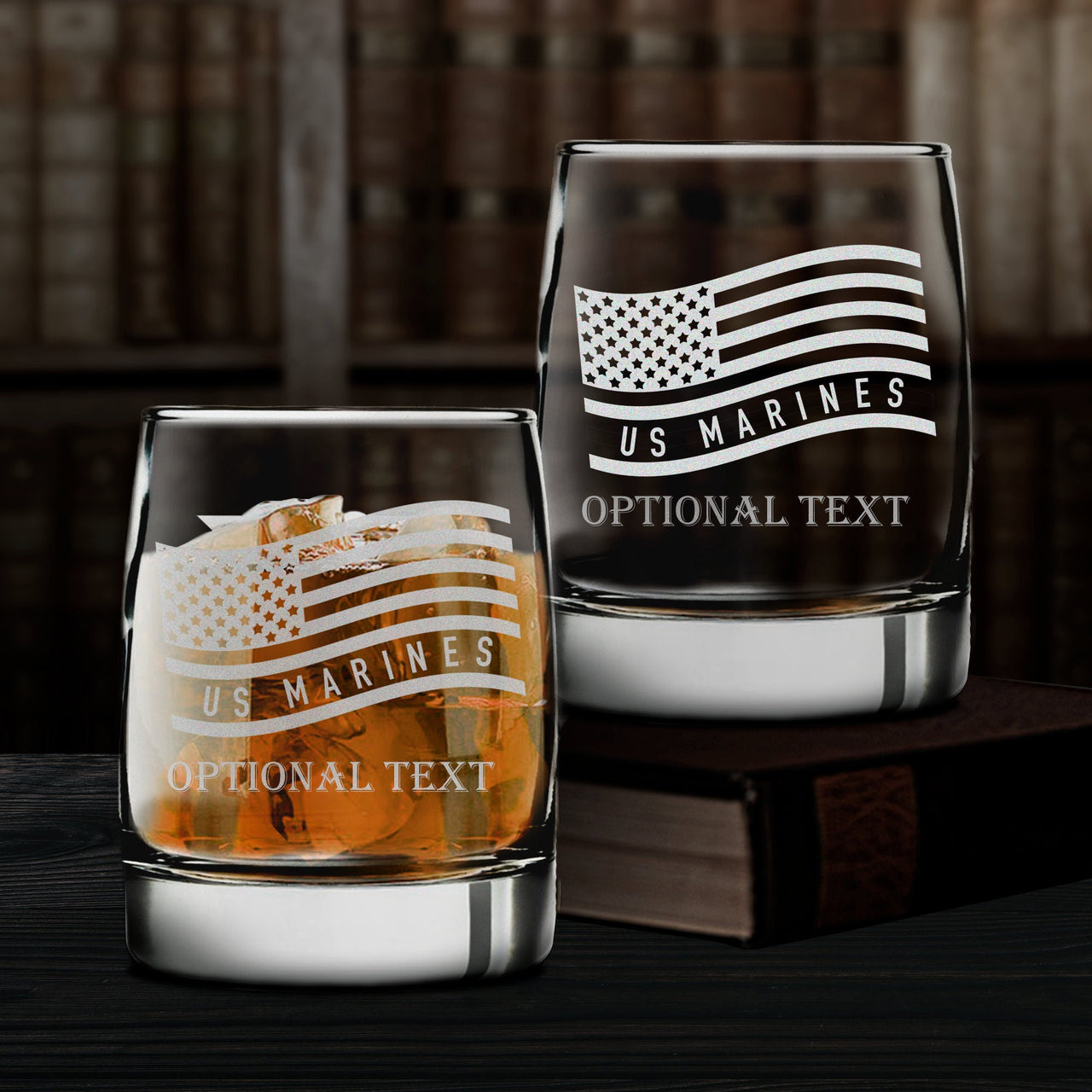 Personalized Whiskey Glasses | Marine With American Flag Whiskey Glass