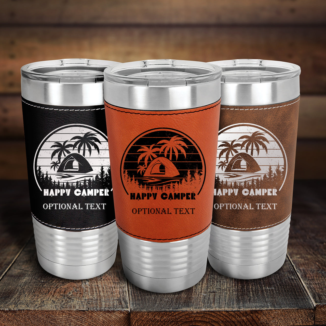 Happy Camper Retro Sunset Tumbler, Personalized 20 oz Leather Tumbler, Outdoor Camping Gifts,  Happy Camper Tree, Tent Tumbler Designs Gifts