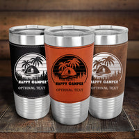 Thumbnail for Happy Camper Retro Sunset Tumbler, Personalized 20 oz Leather Tumbler, Outdoor Camping Gifts,  Happy Camper Tree, Tent Tumbler Designs Gifts