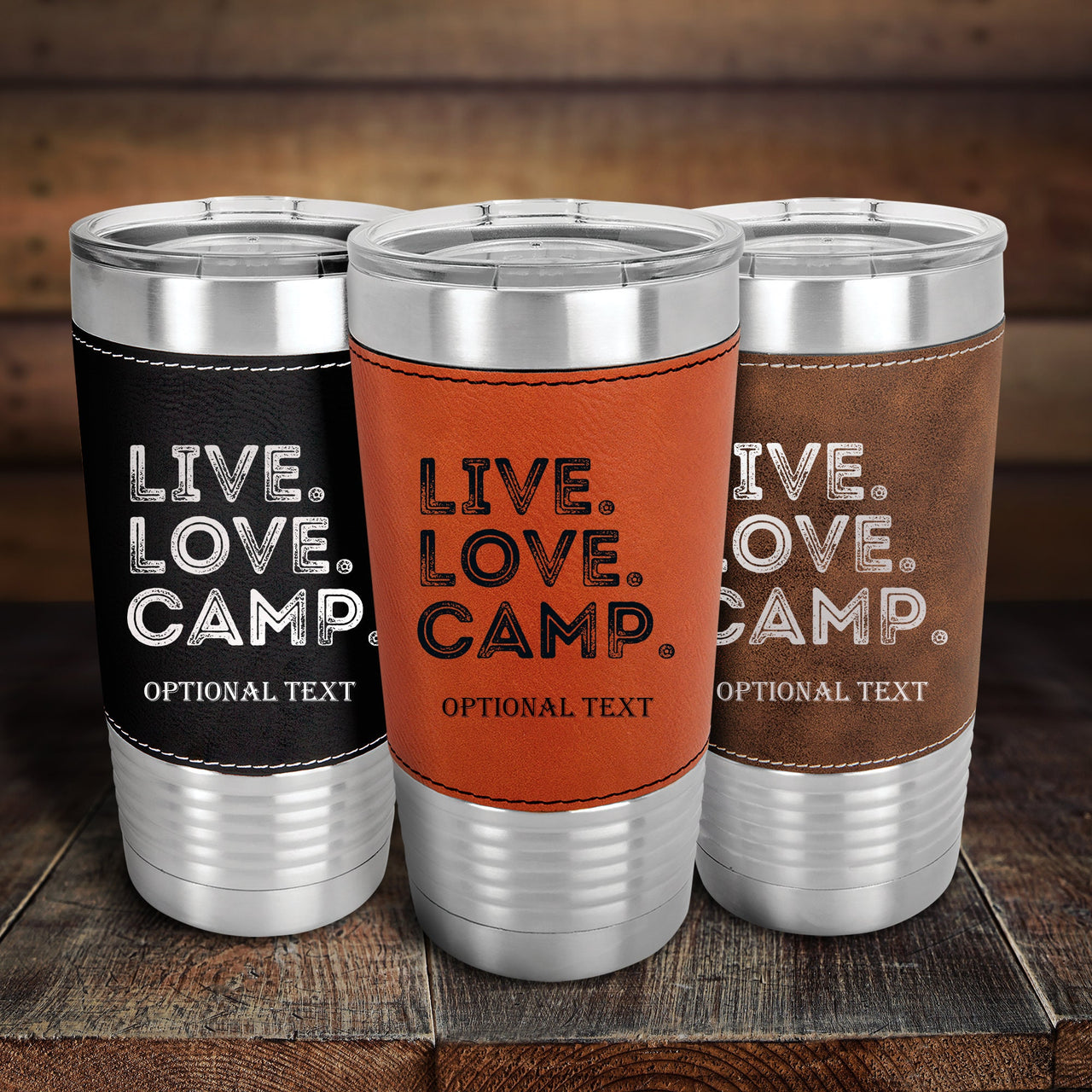 Live Love Camp Leather Tumbler, Personalized 20 oz Leatherette Tumblers Gift for Camper, Custom Tumbler Camping Trendy Adventure Outdoor Cup