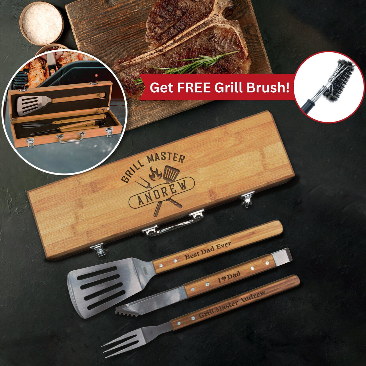 Personalized Bamboo Grill Set 3 Piece BBQ Tool Set