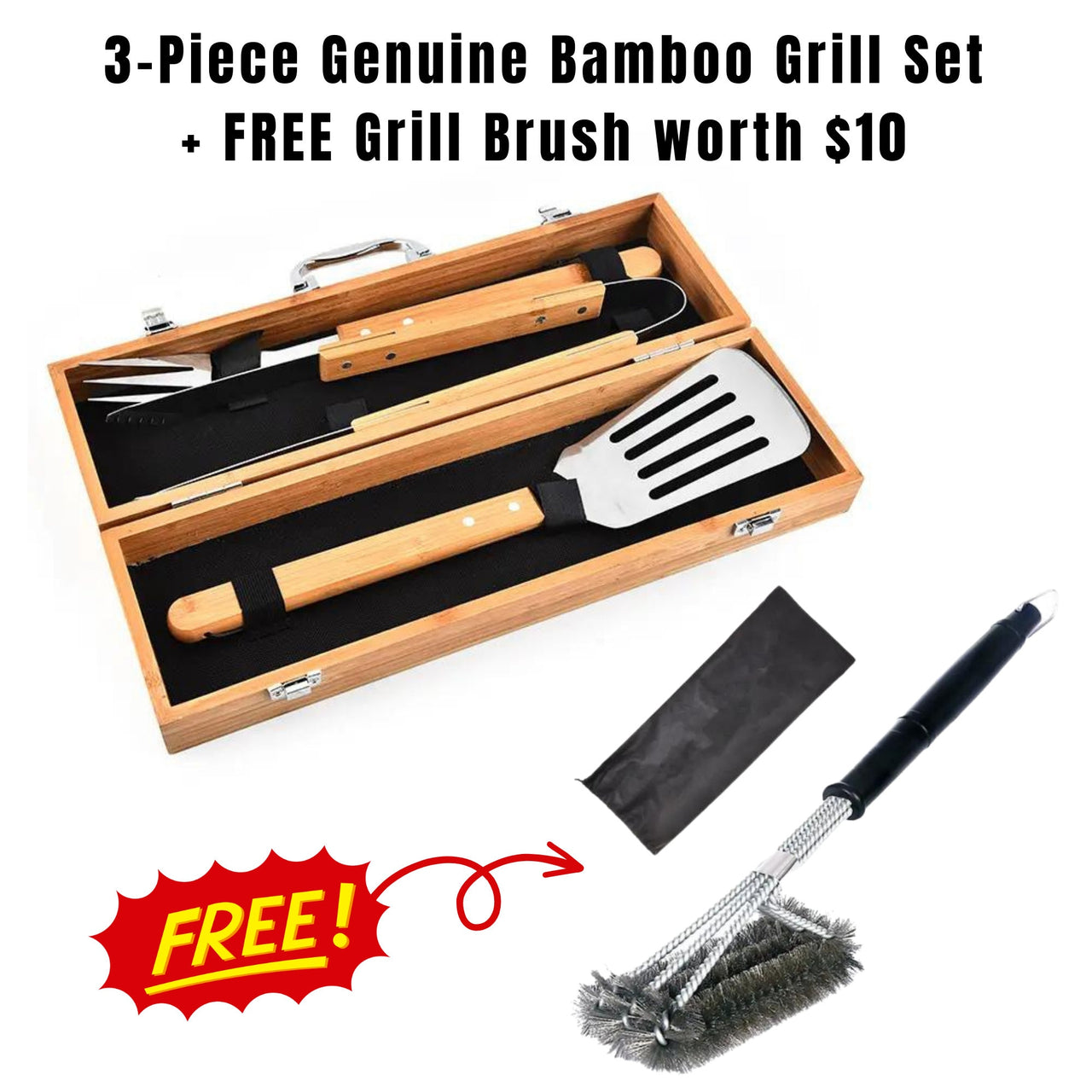 Personalized 3 Piece Bamboo BBQ Grill Tool Set with Box