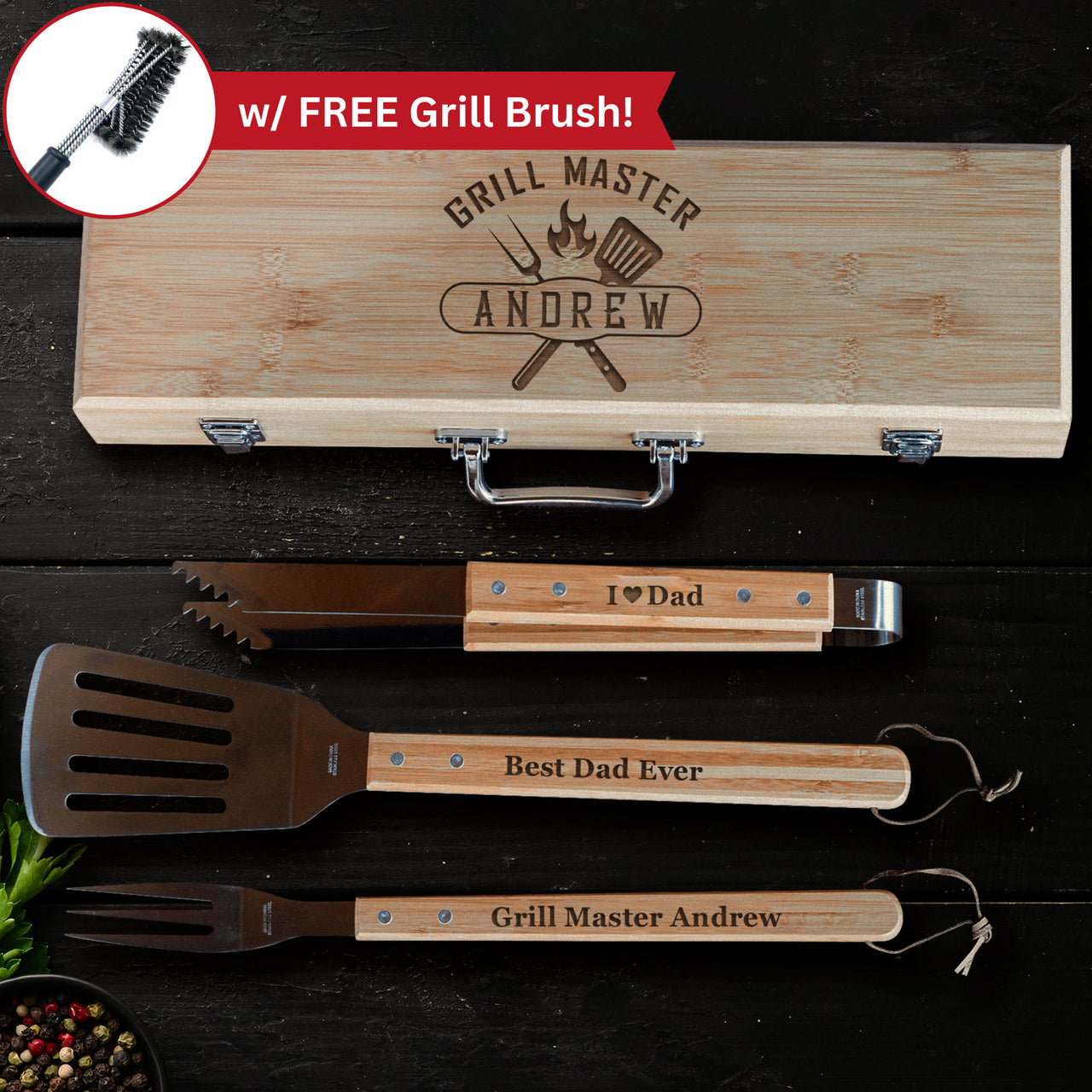 Personalized 3 Piece Bamboo BBQ Grill Tool Set with Box