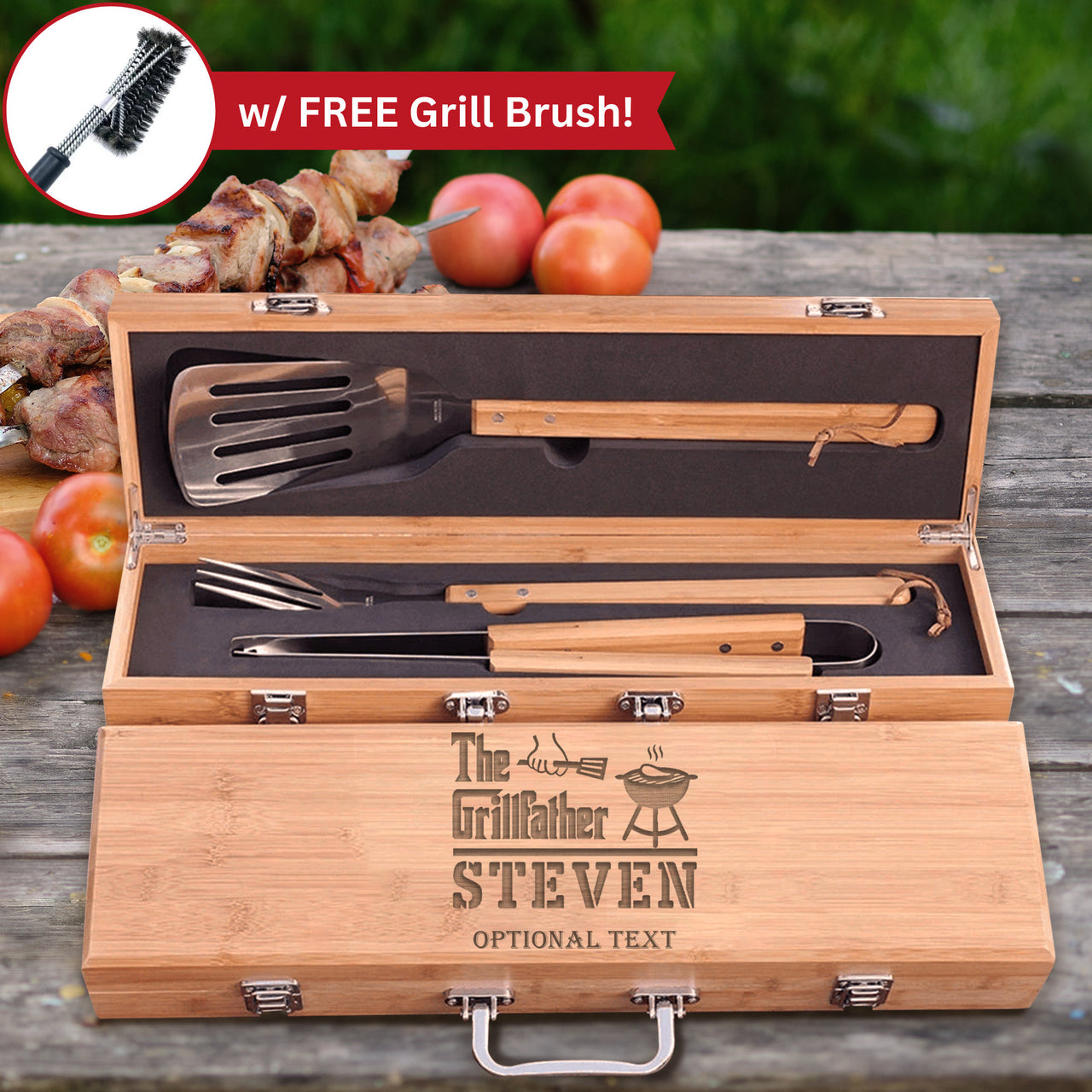 Custom Grillfather BBQ Set: 3-Piece Bamboo Kit