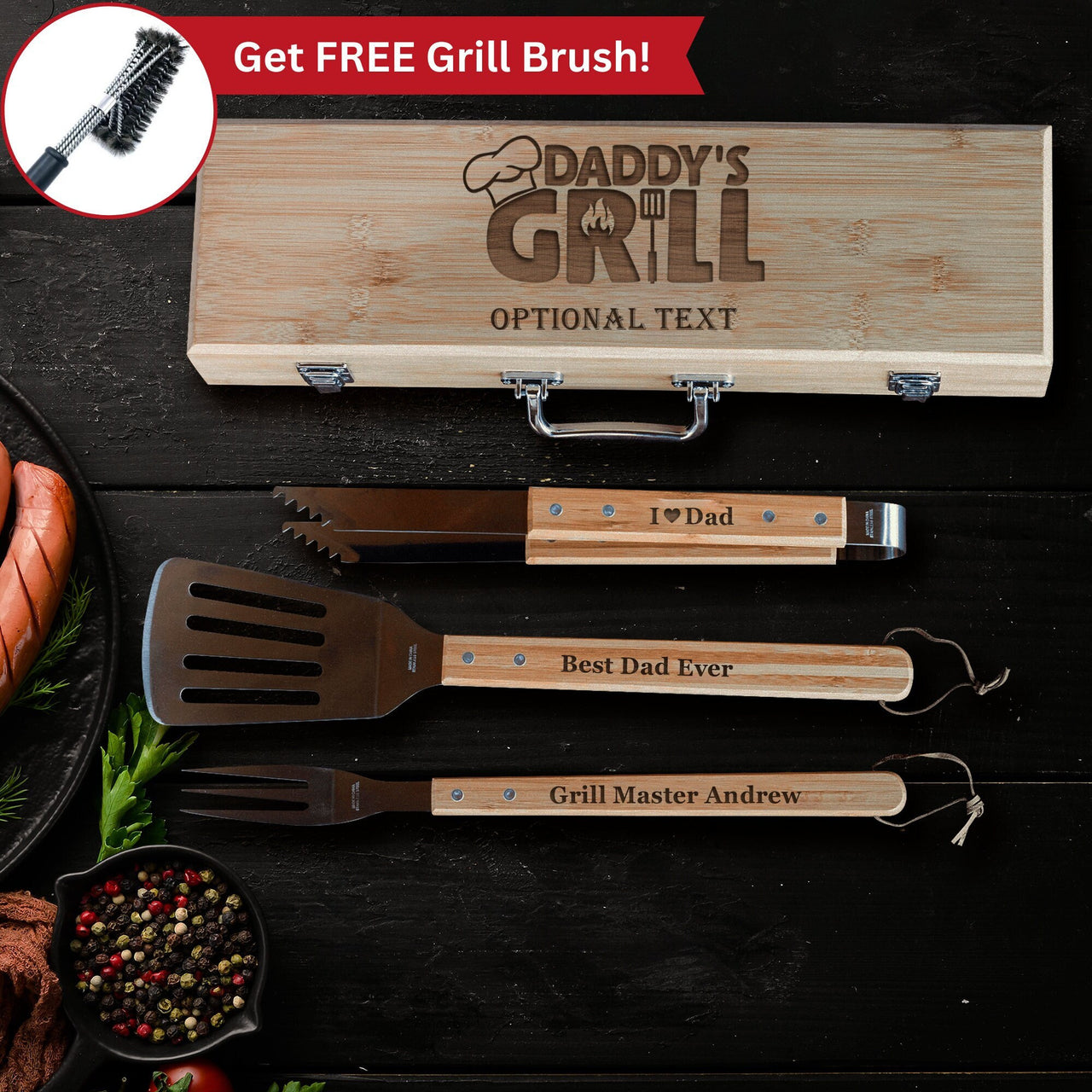 Daddy's Grill Bbq Set for Dad, 3-Piece Bamboo Grilling Tool Set
