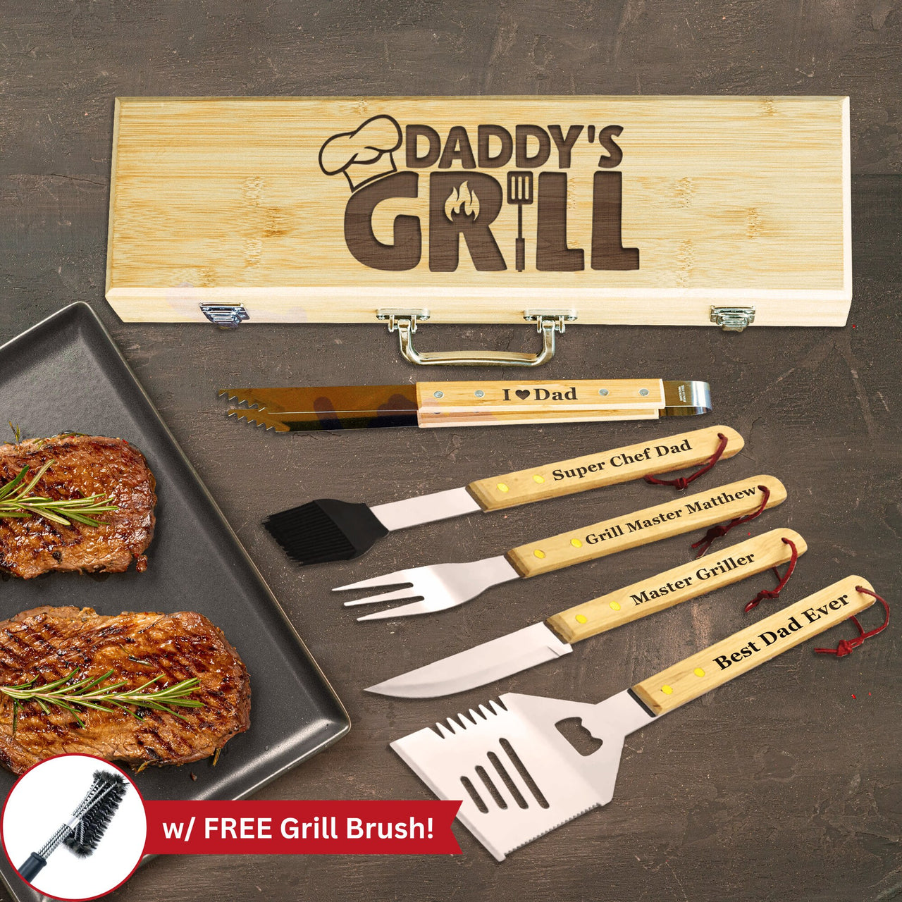 Daddy's Grill Gift - Personalized Grill Set for Dad, Custom Grilling Tool Set