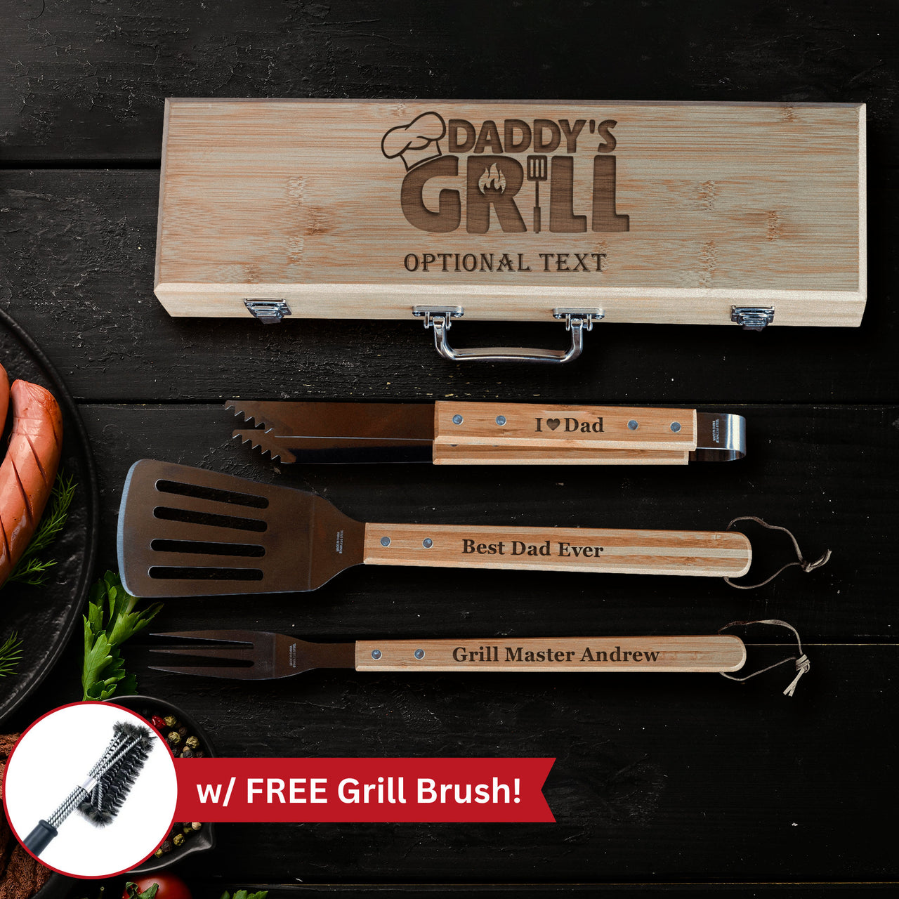 Daddy's Grill Bbq Set for Dad, 3-Piece Bamboo Grilling Tool Set