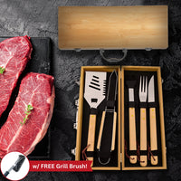 Thumbnail for Grill Dad Gift - Grillmaster 5-Piece Bamboo BBQ Tool Set with Free Grill Brush