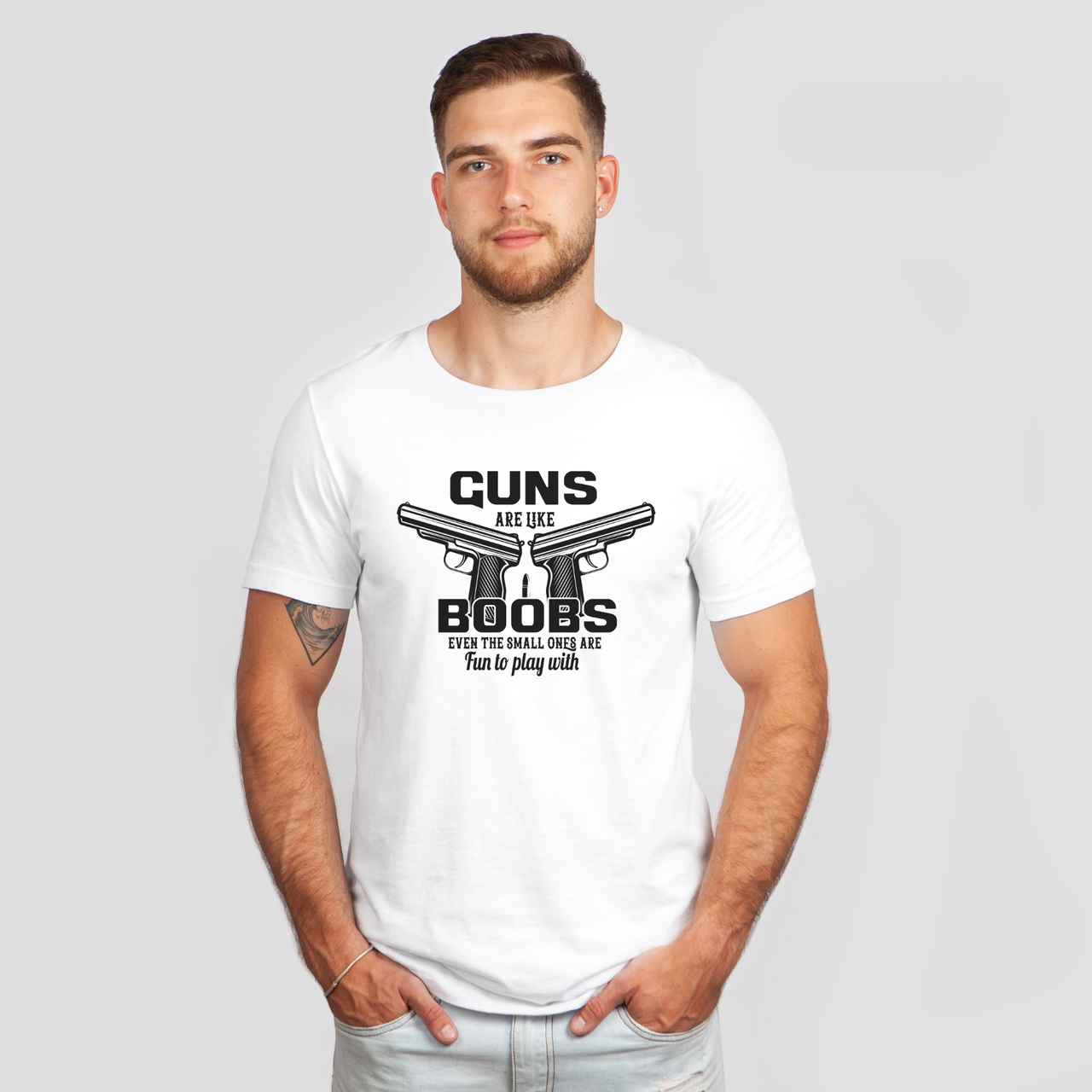 guns are like boobs white shirt - bw