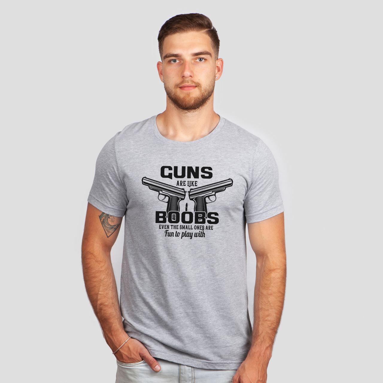 guns are like boobs gray shirt - bw