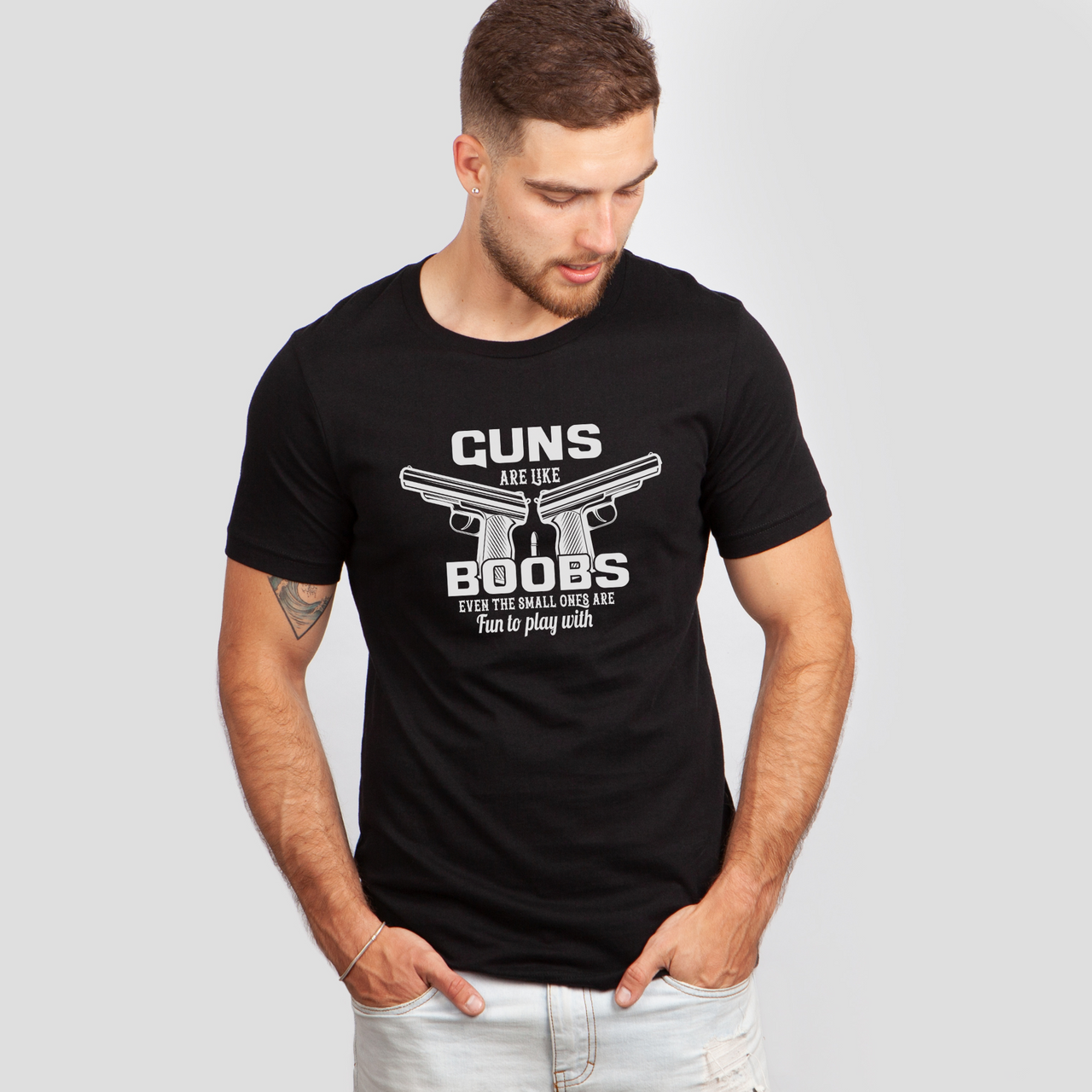 guns are like boobs black shirt - bw