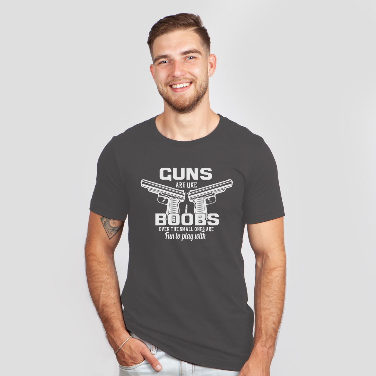 guns are like boobs dark gray shirt - bw