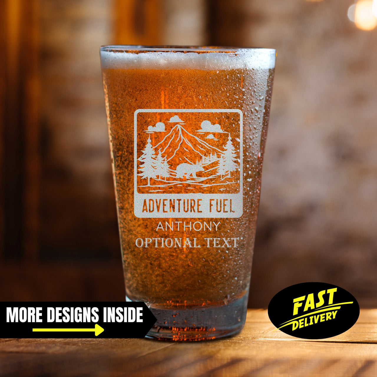 Personalized Adventure Glass | Adventure Fuel Hunting Pint Glass | Camping | Outdoor | Adventure | Custom Etched Glass, Hunting Gift For Dad