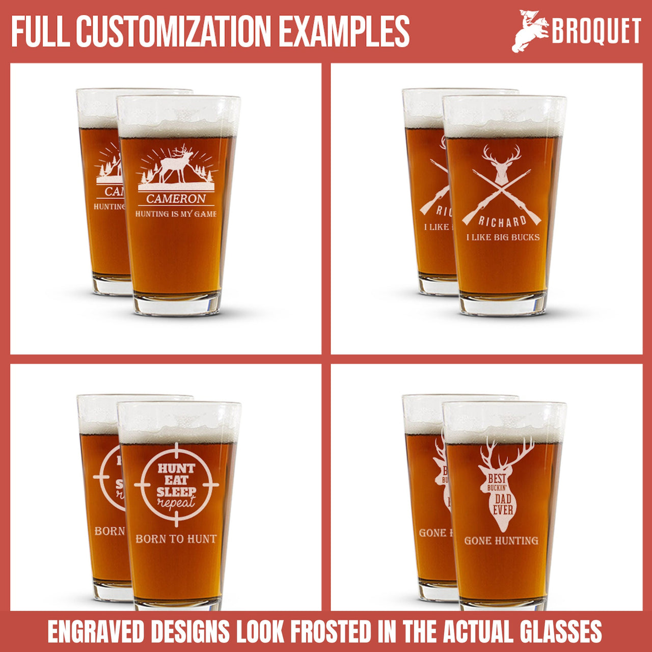 Personalize Beer Glass Set of 4 With Coasters, Premium Engraved Pint Glasses,  Great Gift for Groomsmen, Wedding Gift,deer Antler Design 
