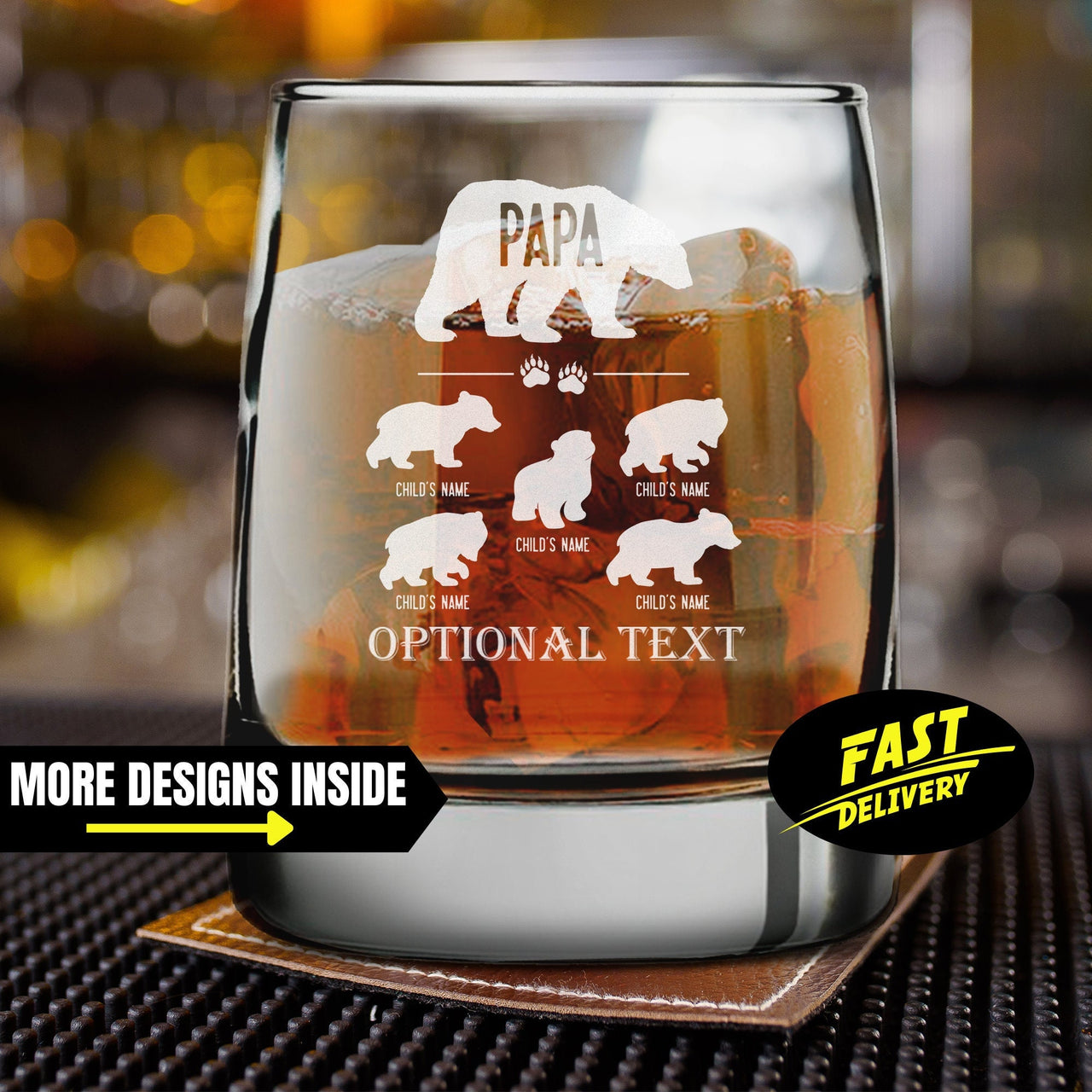 Personalized Papa Bear And Cubs Whiskey Glasses | Custom Etched 12 oz Whiskey Glass