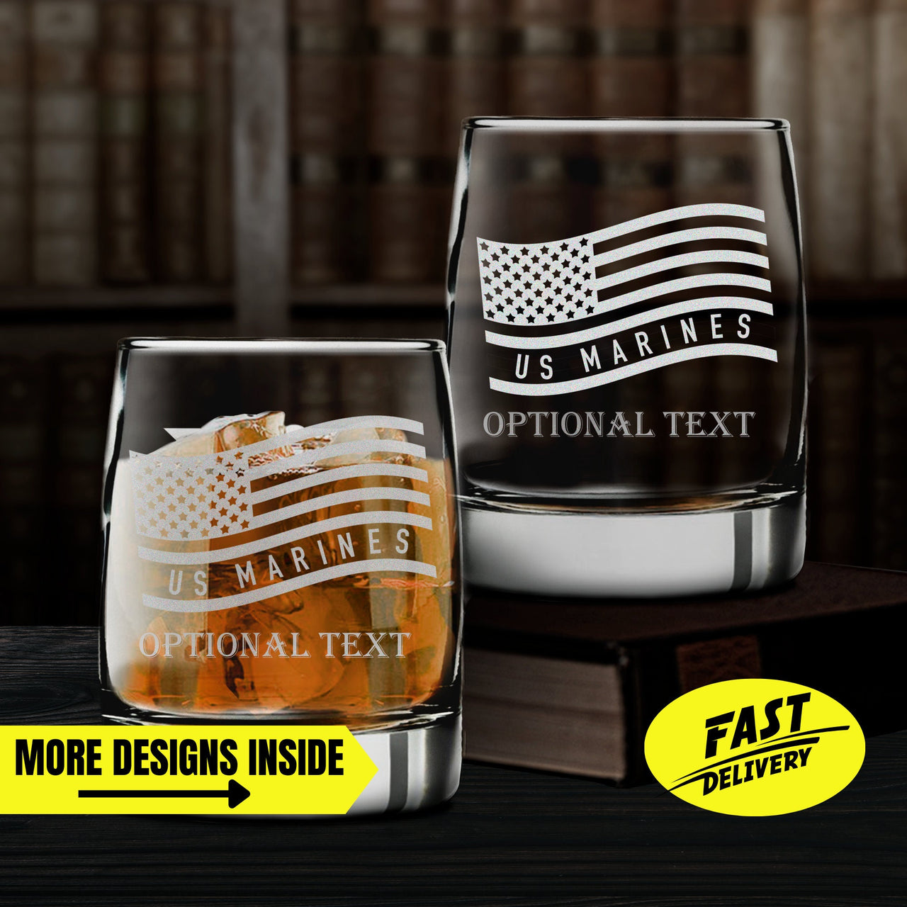 Personalized Whiskey Glasses Gifts For Marines | Marine With American Flag Whiskey Glasses | Marine Gifts For Him | Marine Corps Gifts