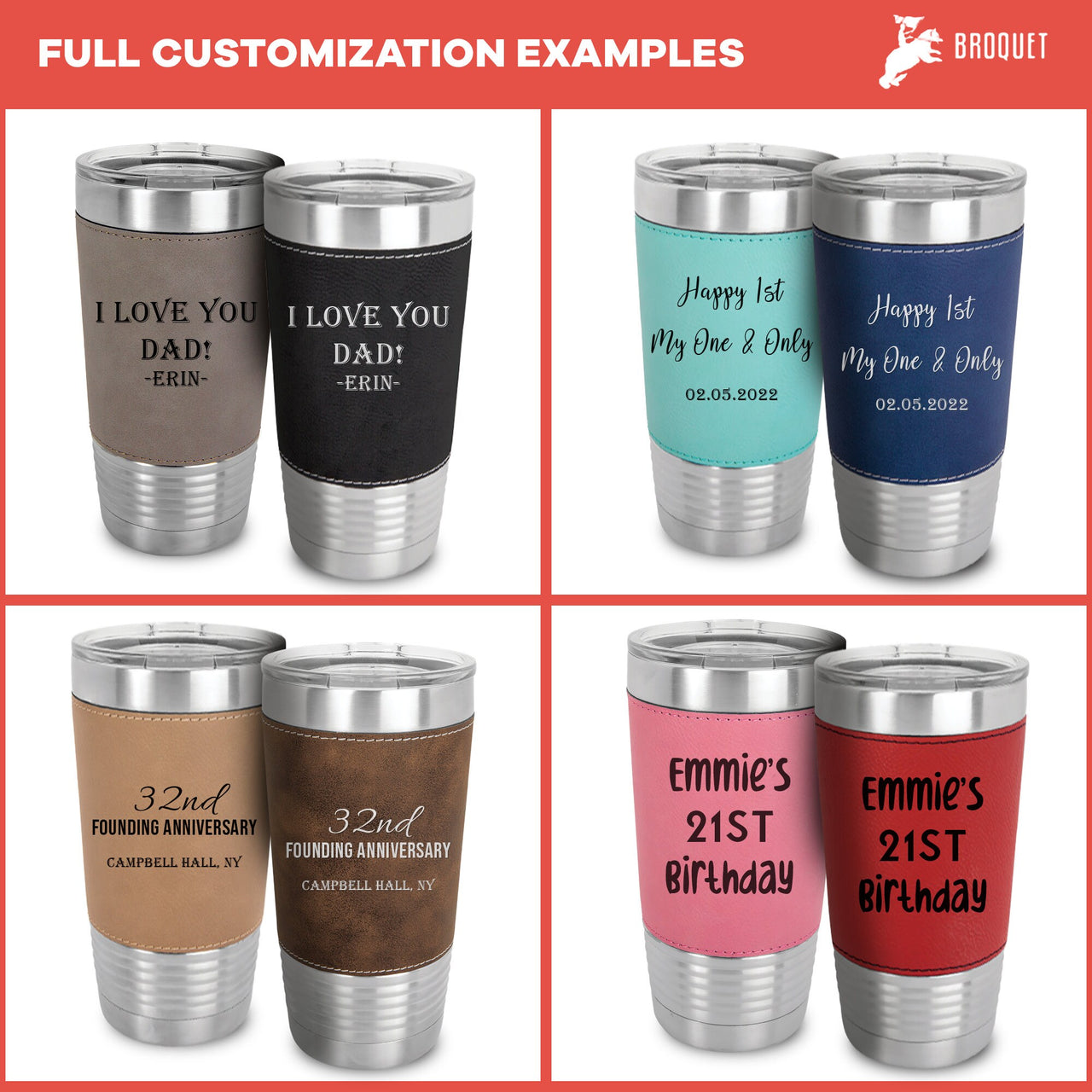 Premium Quality Personalized Your Text 20 oz Leather Tumbler | Custom Insulated Tumbler