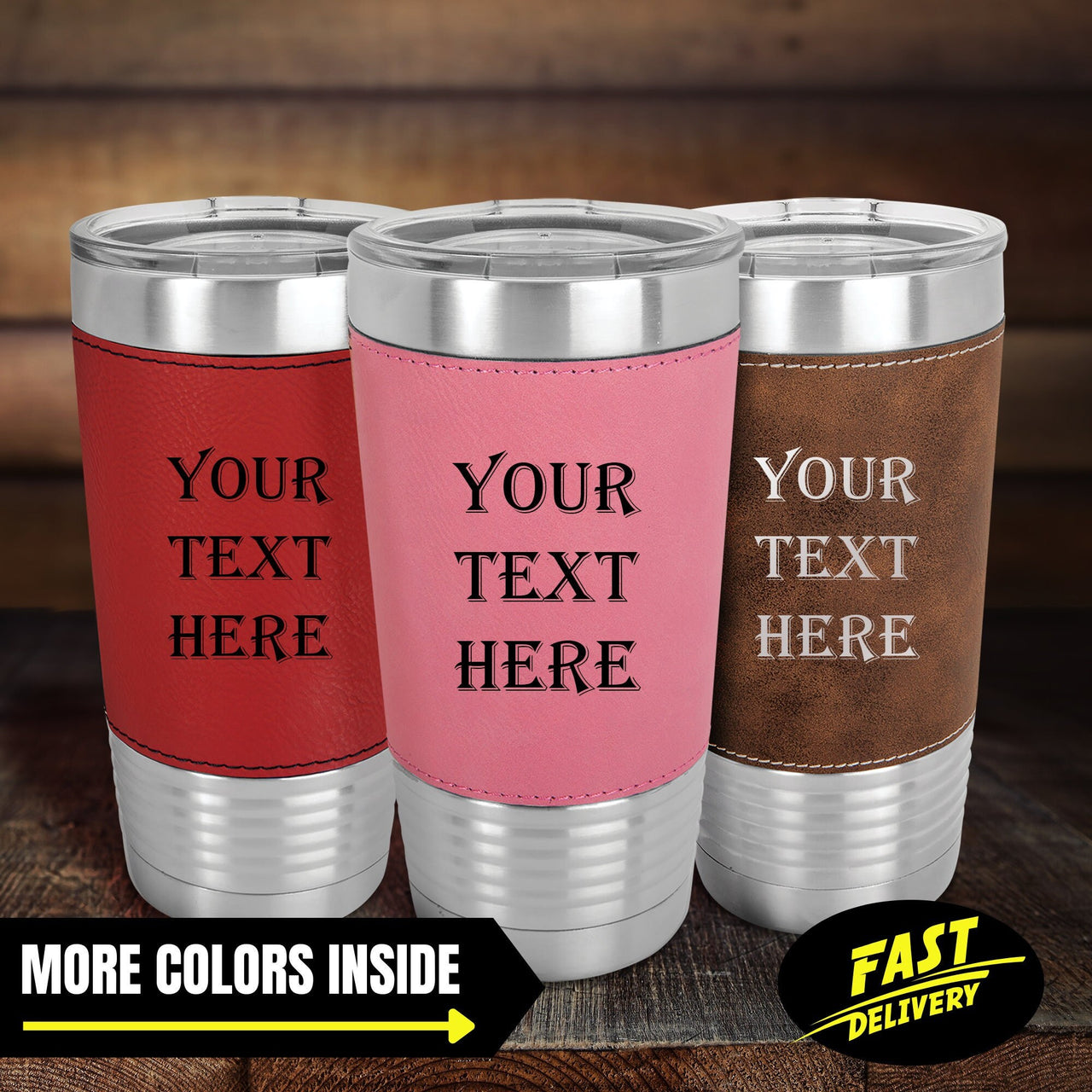 Premium Quality Personalized Your Text 20 oz Leather Tumbler | Custom Insulated Tumbler