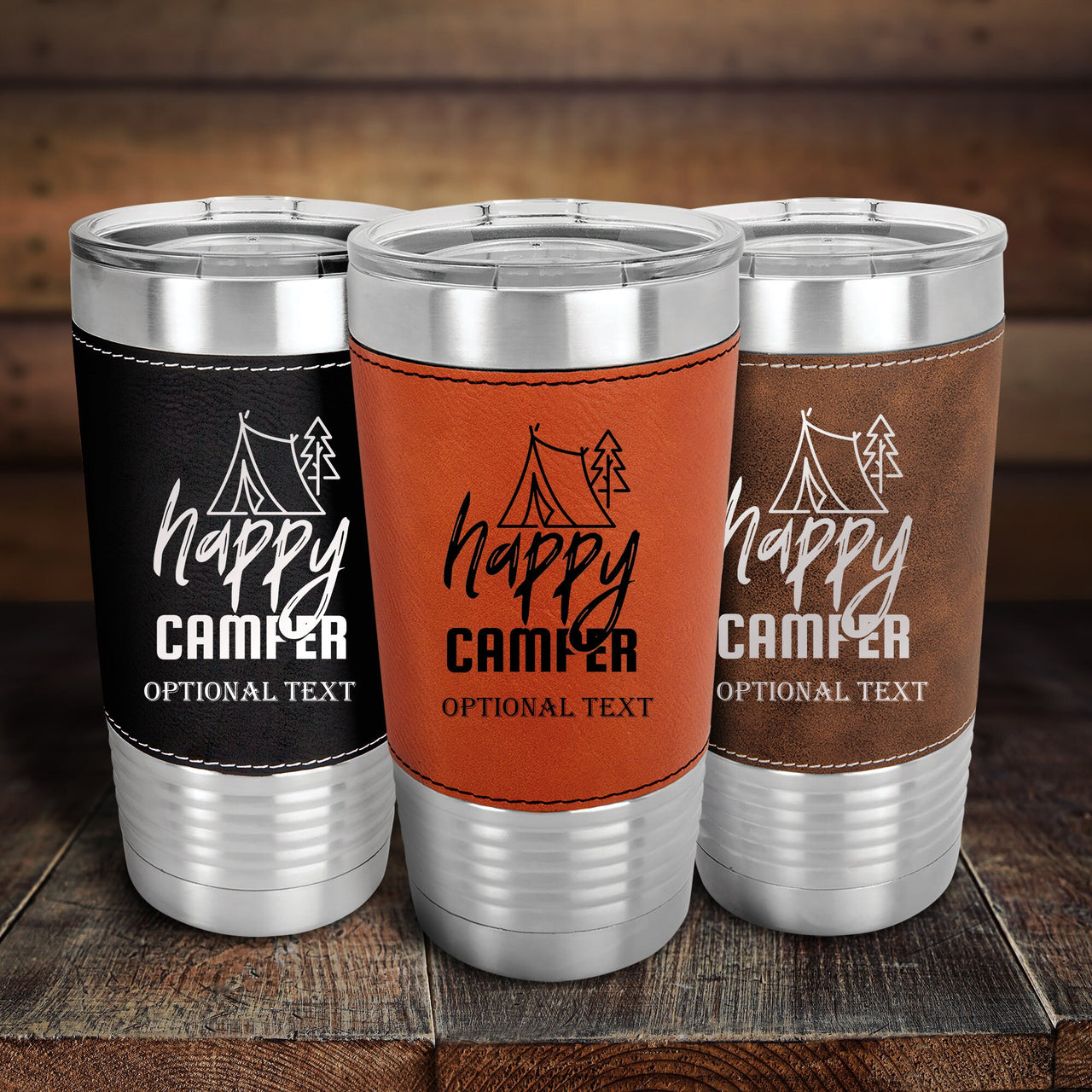 Leather Tumbler, 20 oz Personalized Camping Trip Tumbler, Happy Camper Tumbler, Cups for Camping, Family Vacation Gift, Personalized Gifts
