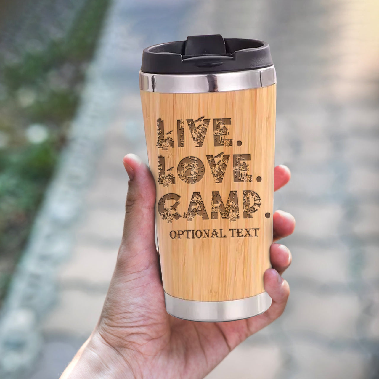 Personalized Camping Trip Tumbler, Custom 15 oz Bamboo Laser Engraved Tumbler, Camping Vacation, Live Love Camps Tumbler Design for Camping
