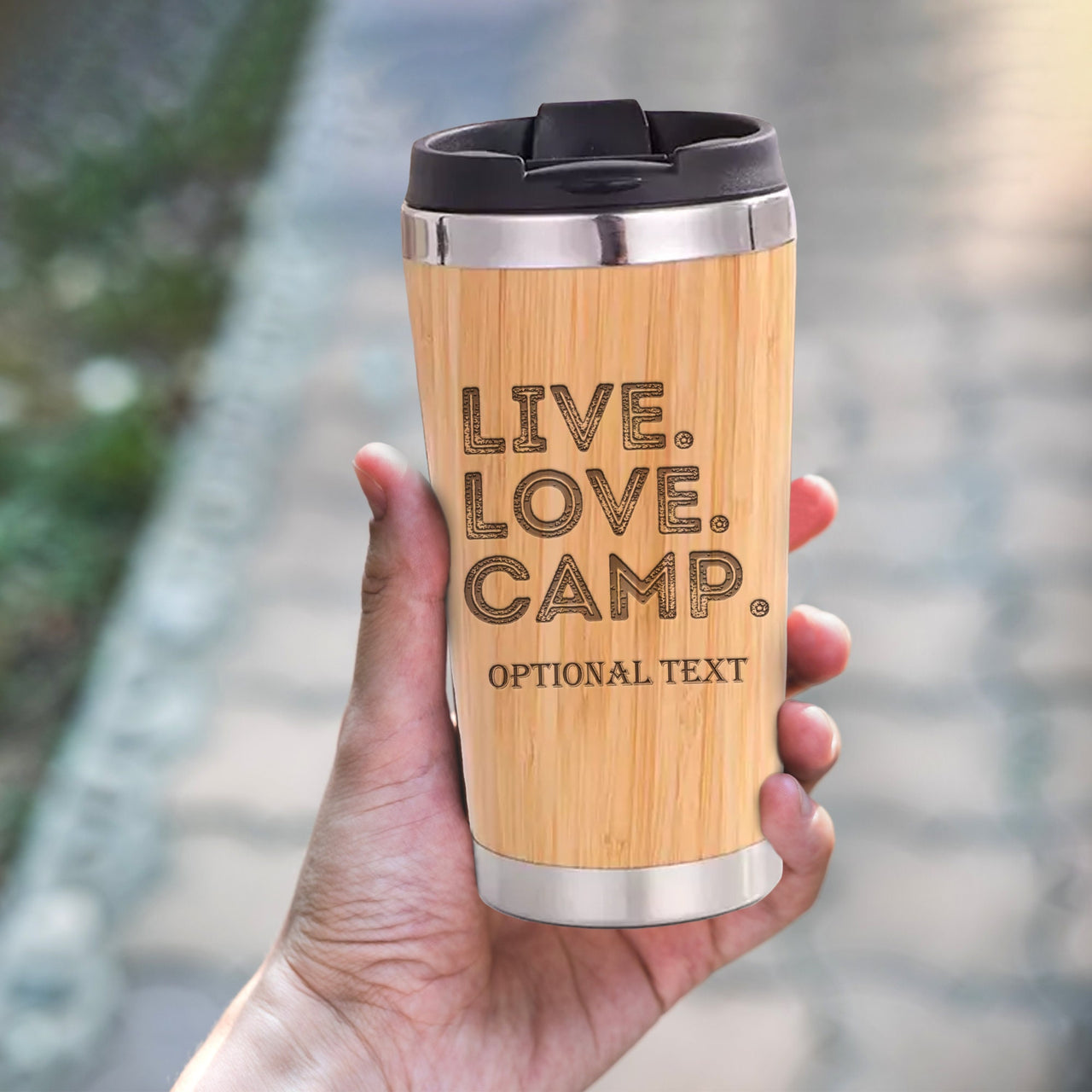 Vacation Trip Tumbler, Live Love Camp Custom Bamboo Tumbler, Personalized 15 oz Tumbler Camping Gifts for Husband, Anniversary Gift for Him