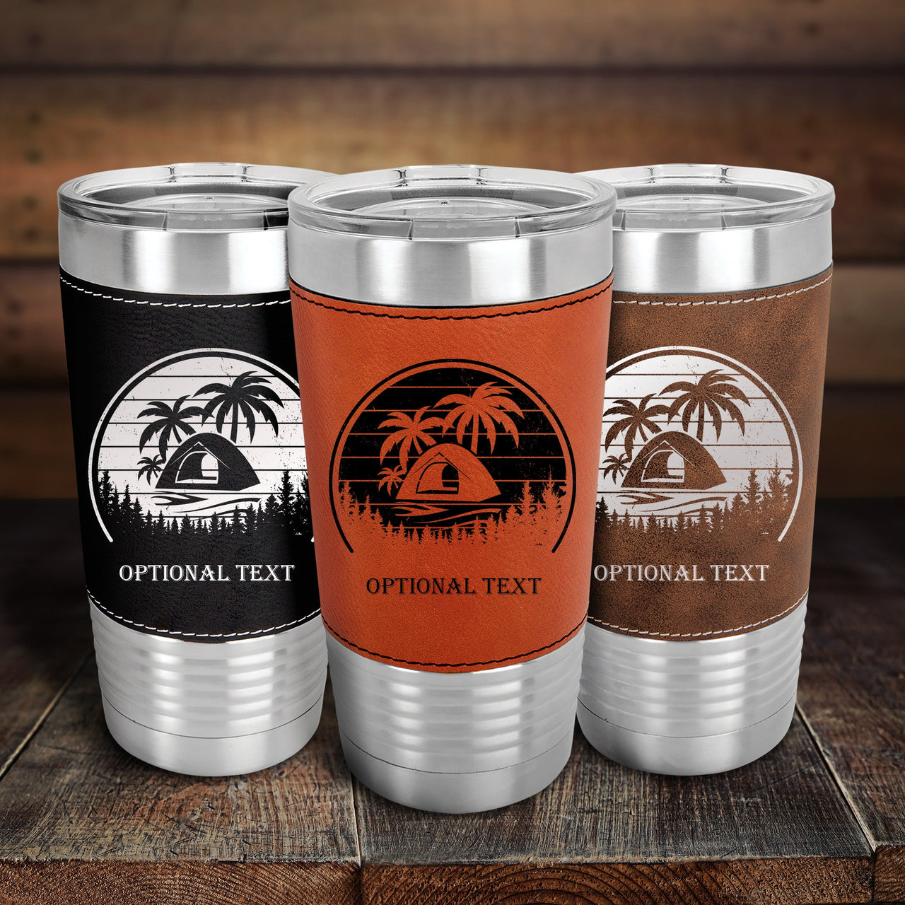 Personalized  20 oz Leatherette Camping Tumbler, Retro Camping Sunset Custom Leather Tumblers, Outdoor Tumblers Vacations Gifts for Campers