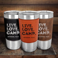 Thumbnail for Live Love Camp Leather Tumbler, Personalized 20 oz Leatherette Tumblers Gift for Camper, Custom Tumbler Camping Trendy Adventure Outdoor Cup