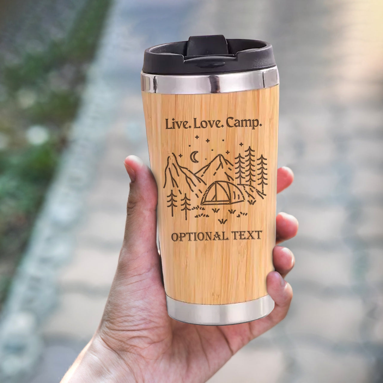 Live Love Camp Bamboo Tumbler, Cute Camping Gifts, Night View Mountains Trees Tent Tumbler Design, Personalized 15 oz Tumblers Camper Gifts