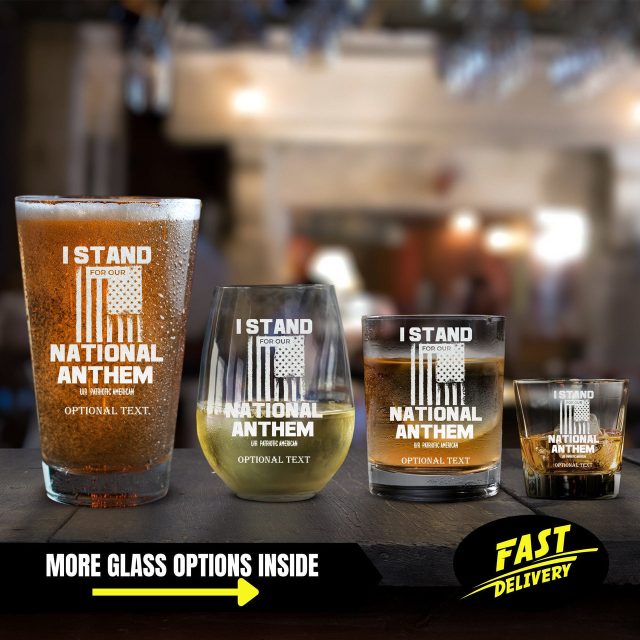 I Stand for Our National Anthem Patriotic Anthem Glassware, American Flag Glass Design, USA 4th of July Gift Beer, Whiskey, Shot, Cube Glass
