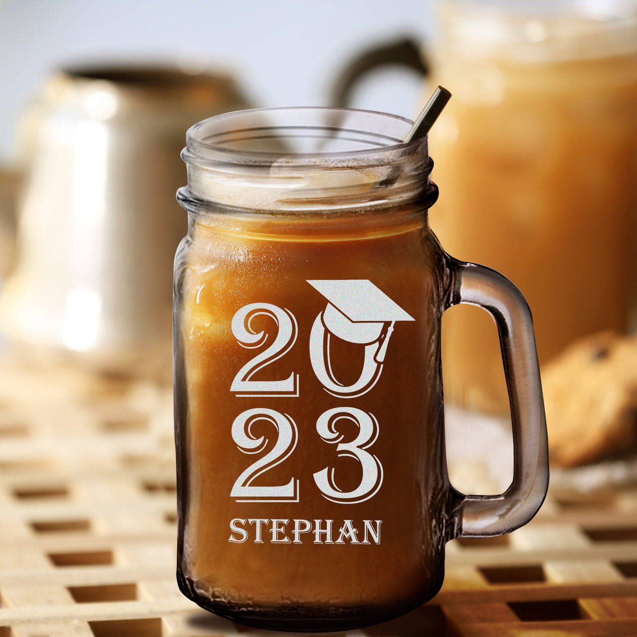 Personalized Name/Text Drinking Mug Glass | Etched Graduate Jar Glass