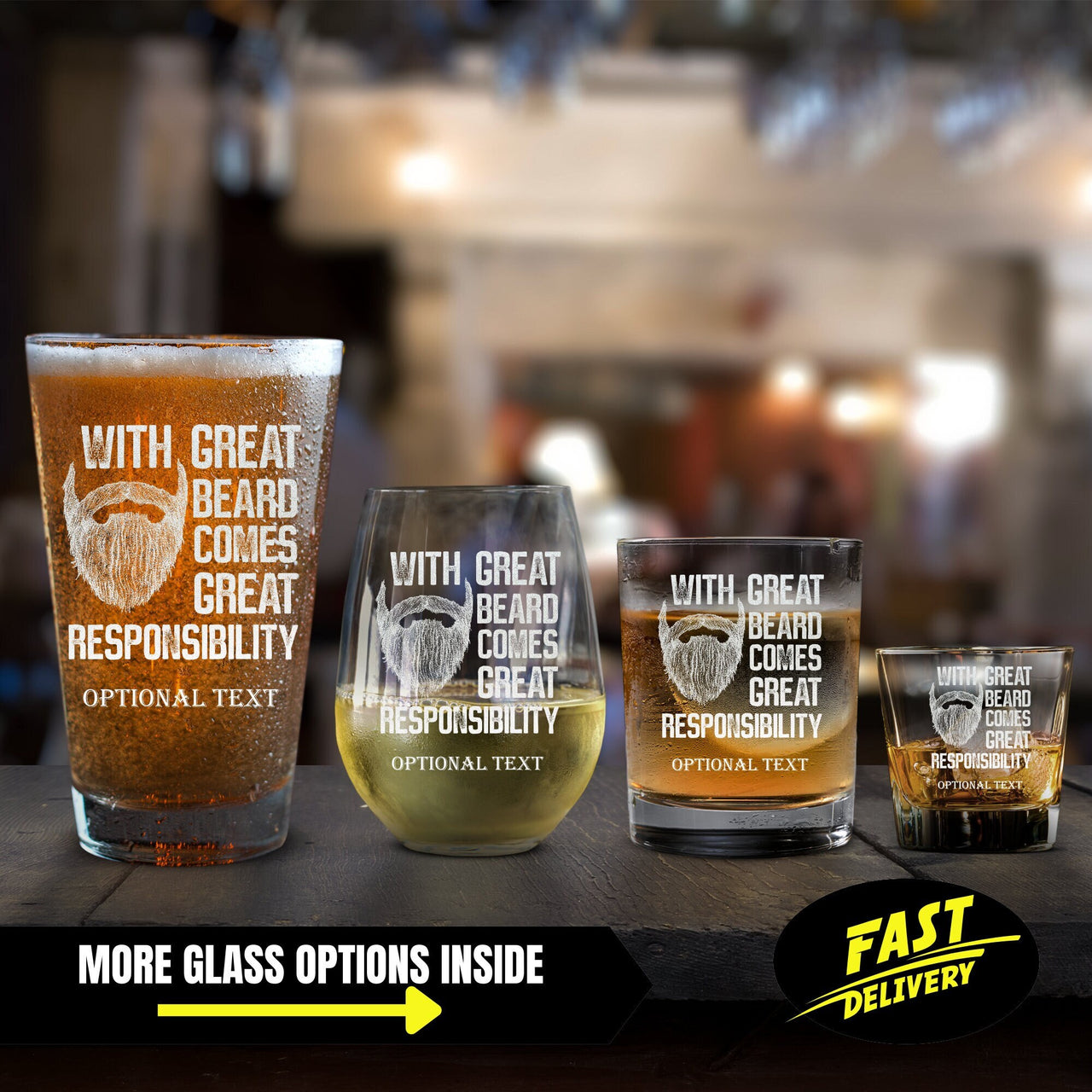 With Great Bear Comes With Great Responsibility Drinkware, Personalized Beer Glass, Funny Whiskey Glass for Men with Beard, Shot Glass Gift