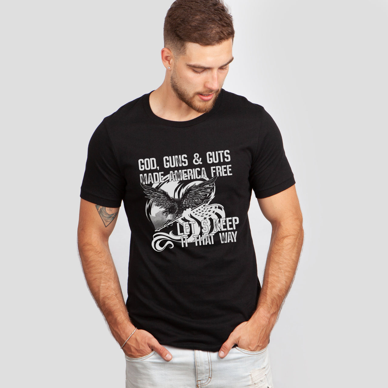 Gods, Guns & Guts Made America Free Eagles Let's Keep It That Way Tee