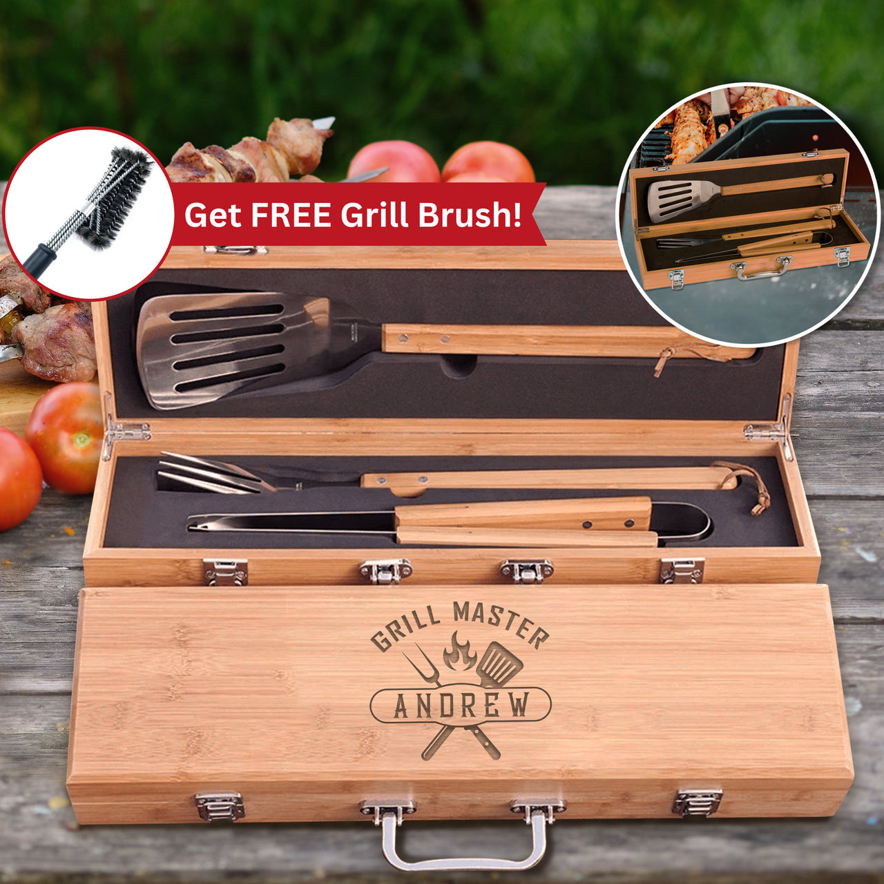 Personalized 3 Piece Bamboo BBQ Grill Tool Set with Box