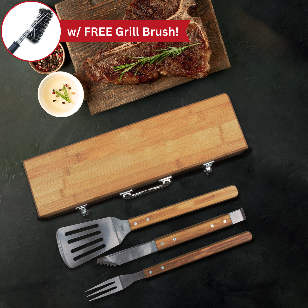 Personalized Bamboo Grill Set 3 Piece BBQ Tool Set