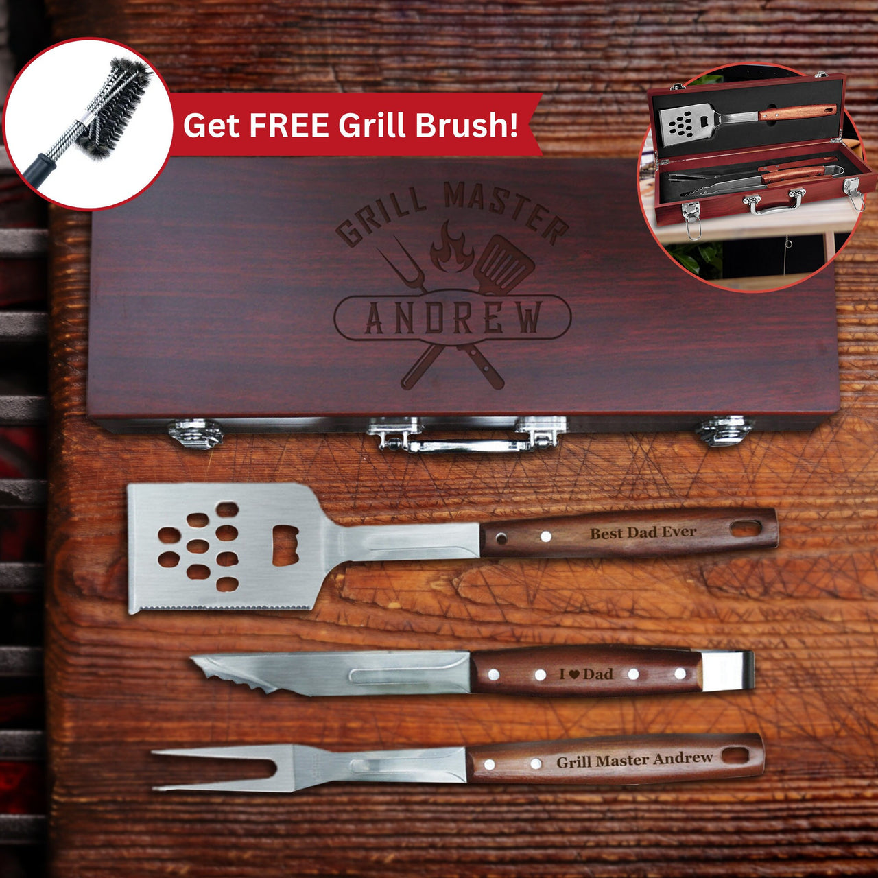 Custom BBQ Grill Gift Set: Rosewood Box with 3-Piece Grill Accessories