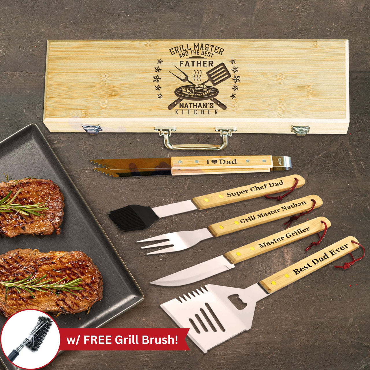 Grill Master's BBQ Set - Personalized Gift for Best Dad, Papa, Step Dad