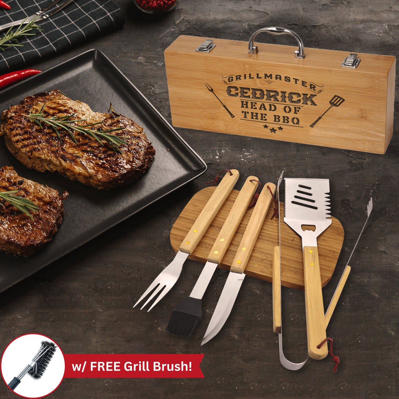 Personalized 5-Piece Grillmaster Gift Set for Dad: Custom BBQ Tools with Free Grill Brush