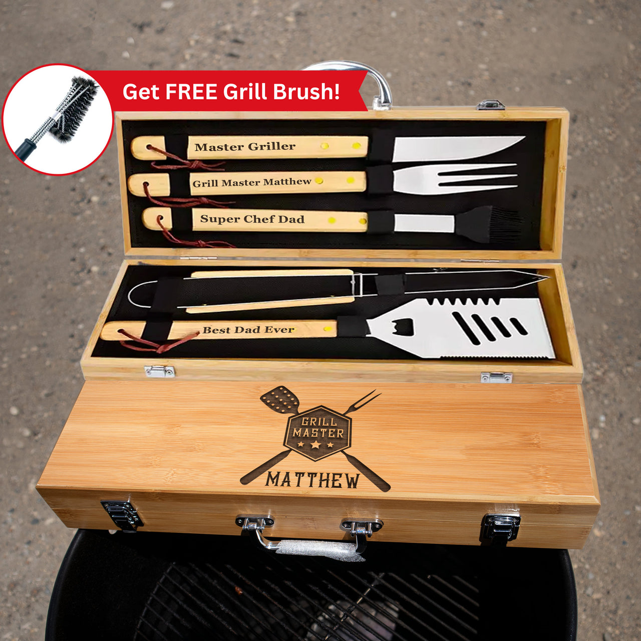 Grill Dad Gift - Grillmaster 5-Piece Bamboo BBQ Tool Set with Free Grill Brush