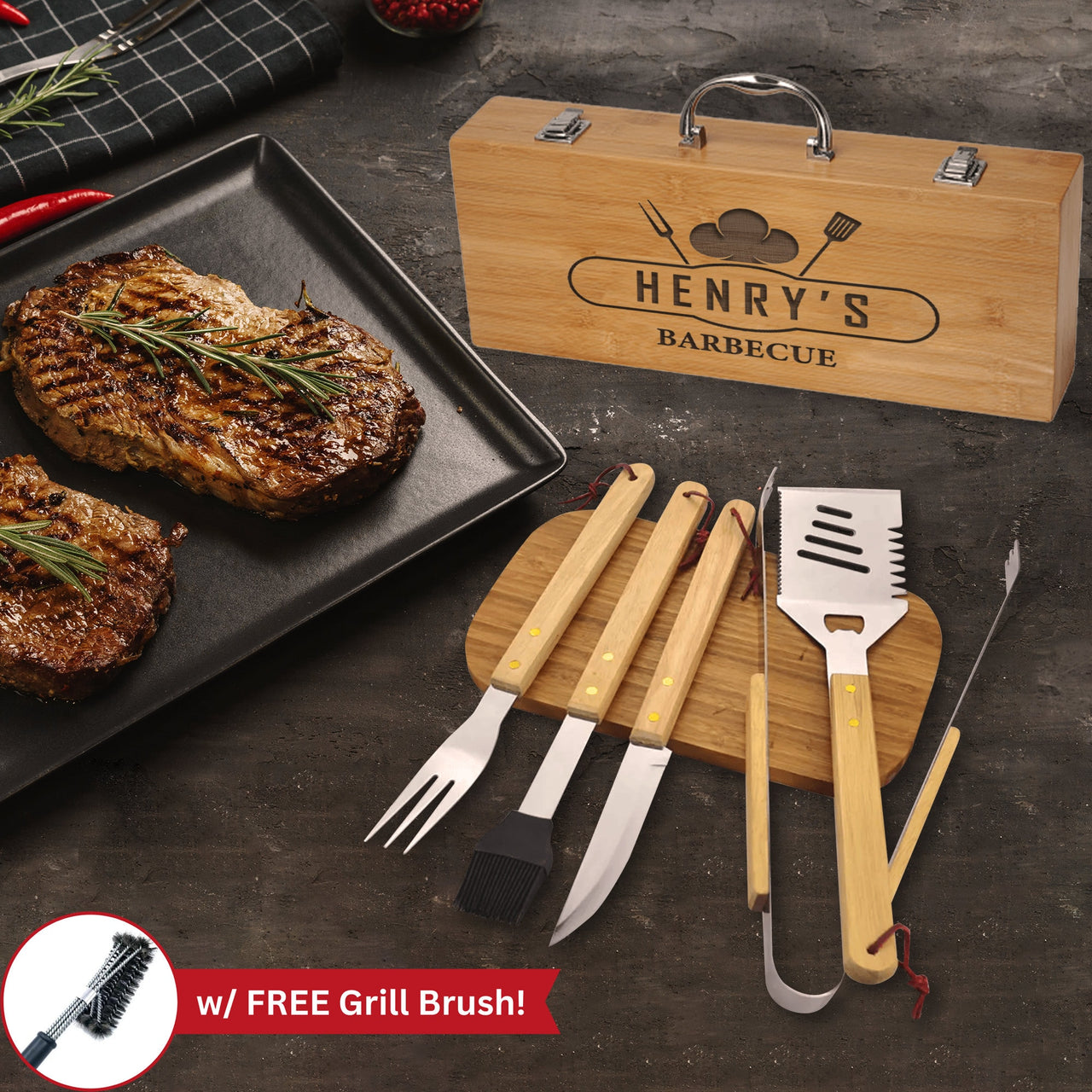 Custom Dad Name Grilling Gift Set - Personalized BBQ 5-Piece Set