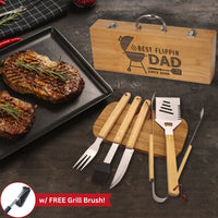 Thumbnail for Custom Grill Set Best Flippin Dad Since YEAR Personalized BBQ Set Bamboo Grill Gift, New Dad Gift Meat Lover Grill Lover Grill Accessories
