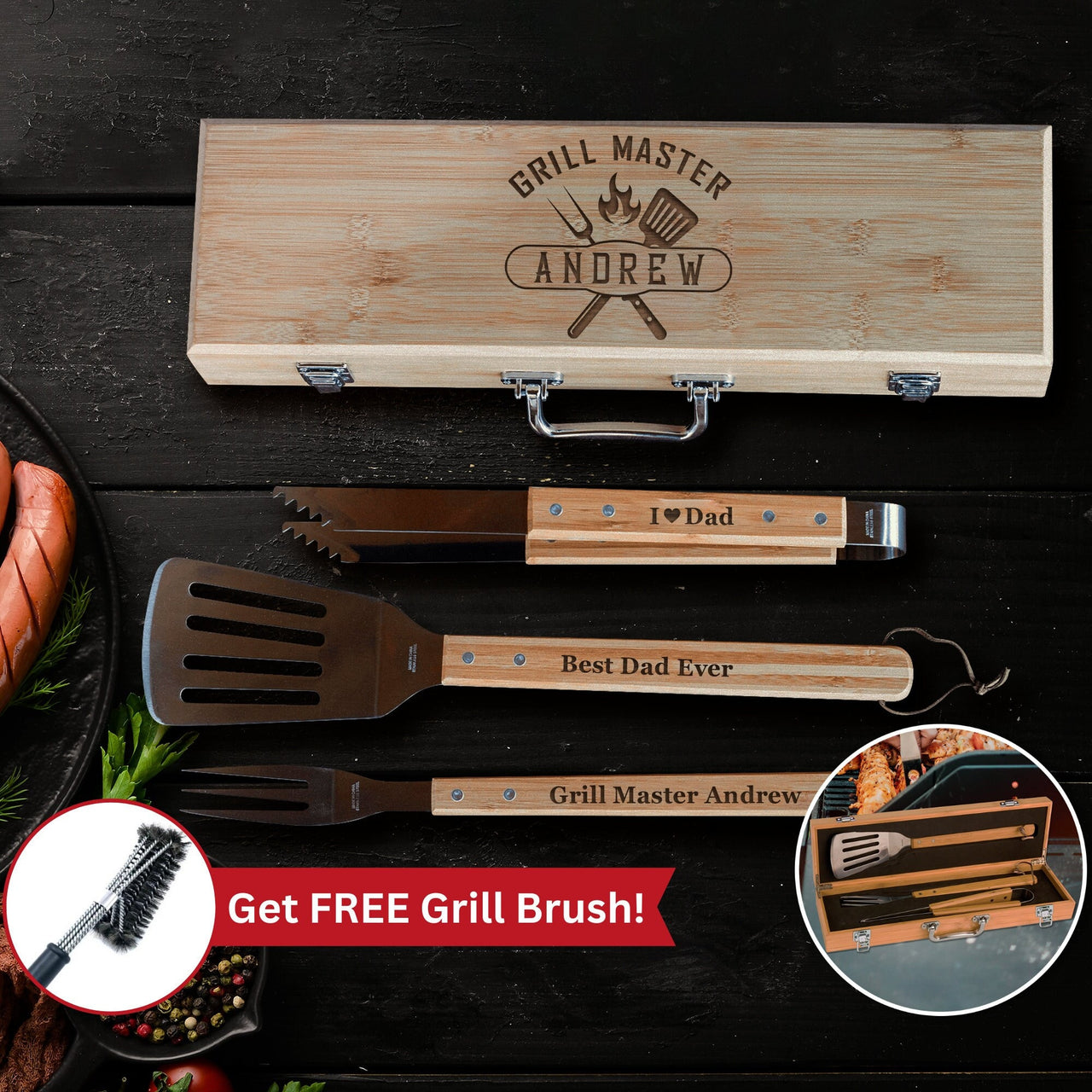 Grill Gift Set with Free Grill Brush - Personalized Grill Tool Set