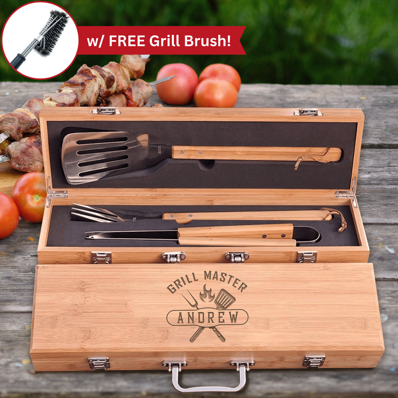 Laser Engraved Bamboo Barbecue Grill Master Gift Set