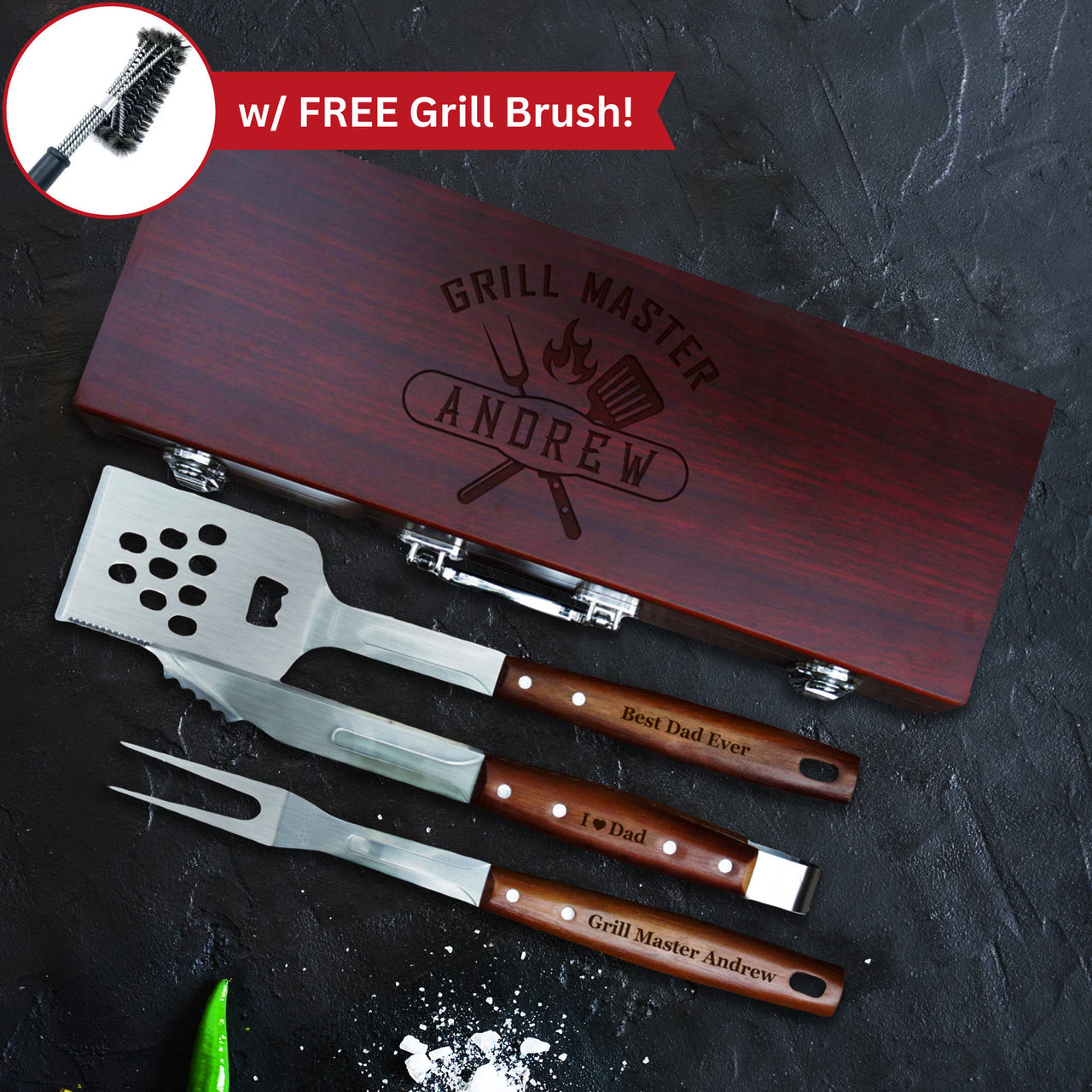 Custom BBQ Grill Gift Set: Rosewood Box with 3-Piece Grill Accessories