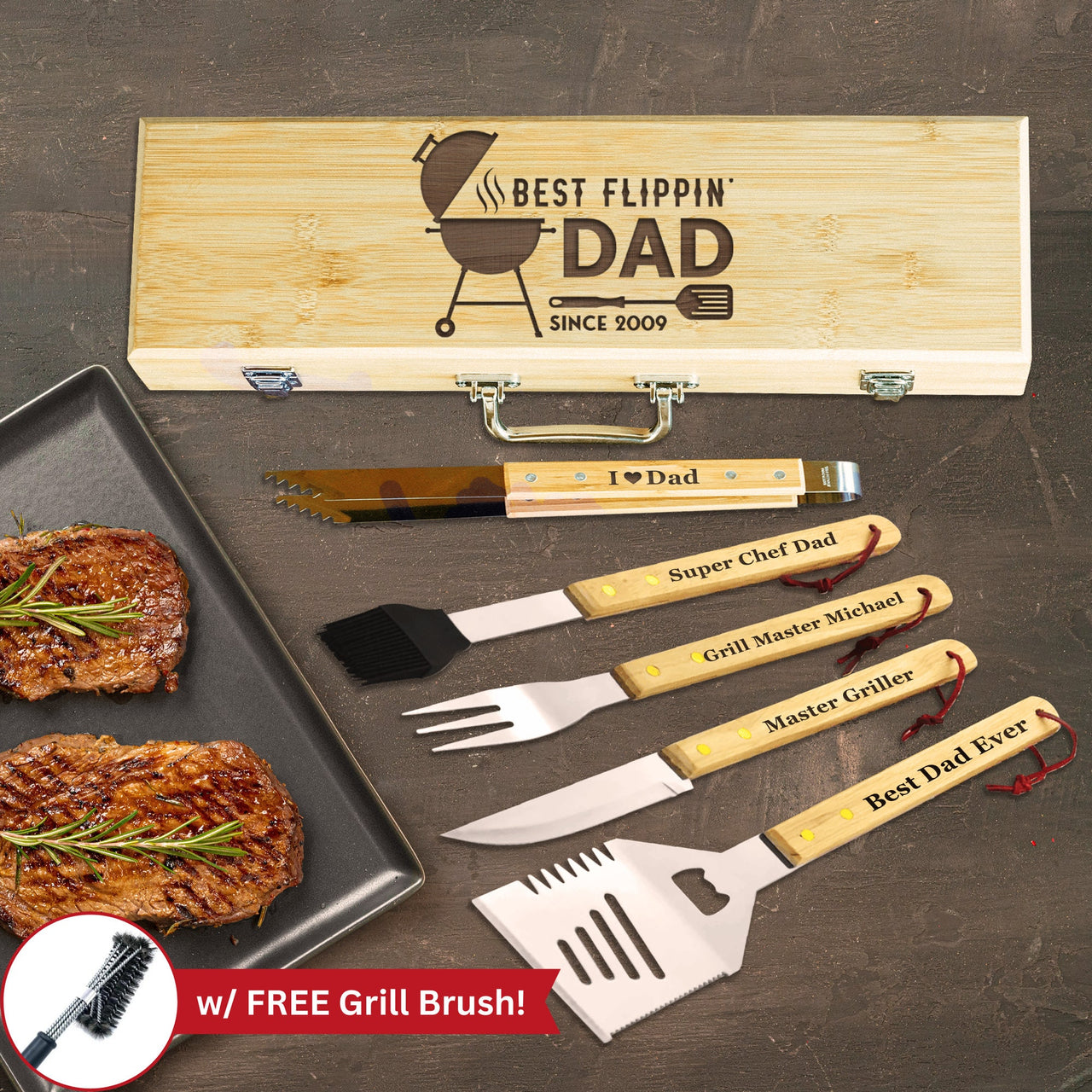 Custom Grill Set Best Flippin Dad Since YEAR Personalized BBQ Set Bamboo Grill Gift, New Dad Gift Meat Lover Grill Lover Grill Accessories
